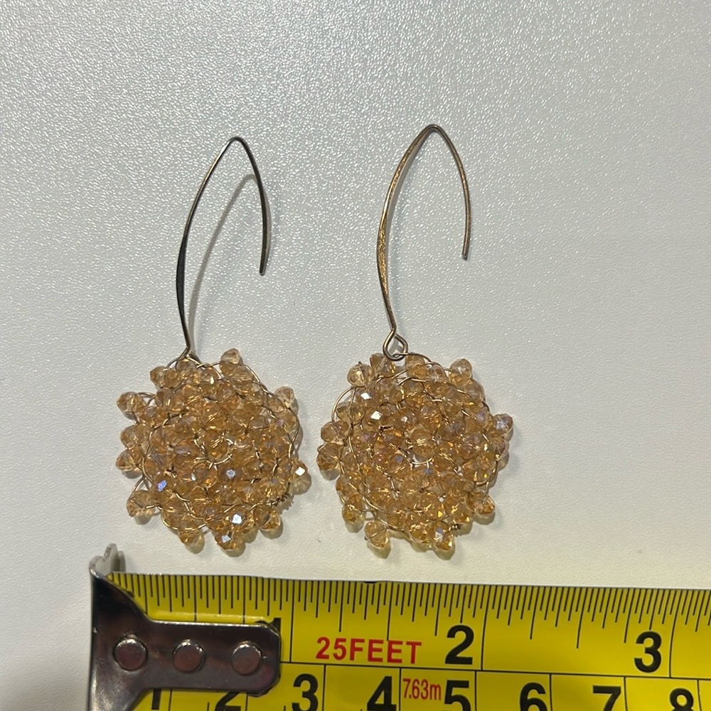 Gold Beaded Earrings Dainty Dangly Sparkly Woven Beaded Shimmer Party Earrings - Picture 2 of 2